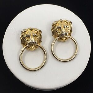 Vintage Lion Head Door Knocker Pierced Hoop Earrings Gold Tone Retro Classic